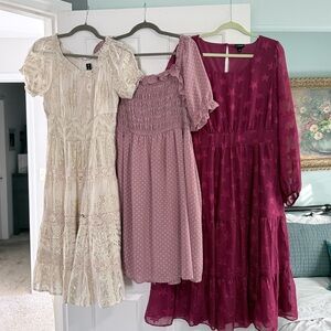 Bundle of 3 Cottagecore Midi Dresses, Cream, Gold, Mauve, Maroon